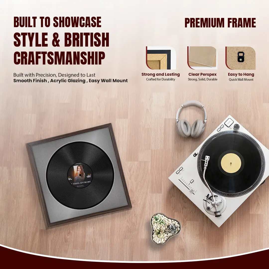 16x16" Modern Sleek Walnut Vinyl Record Frame With Silver Mount For 12" LP Discs | Premium Wall Frame For Music Enthusiasts thumbnail 2