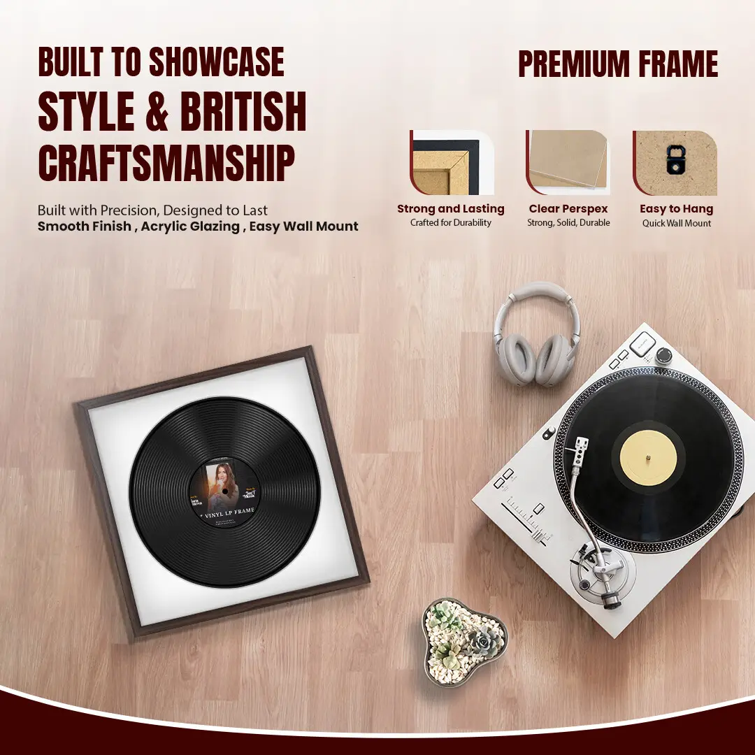 16x16" Modern Sleek Walnut Vinyl Record Frame With Ice White Mount For 12" LP Discs | Contemporary Wall Display thumbnail 2