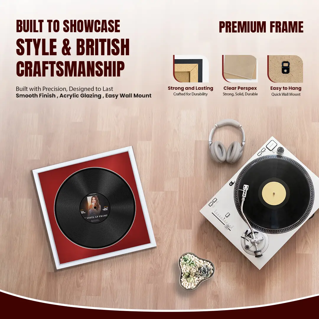 16x16" Modern Sleek White Vinyl Record Frame With Crimson Mount For 12" LP Discs | Premium Wall Frame For Music Enthusiasts thumbnail 2