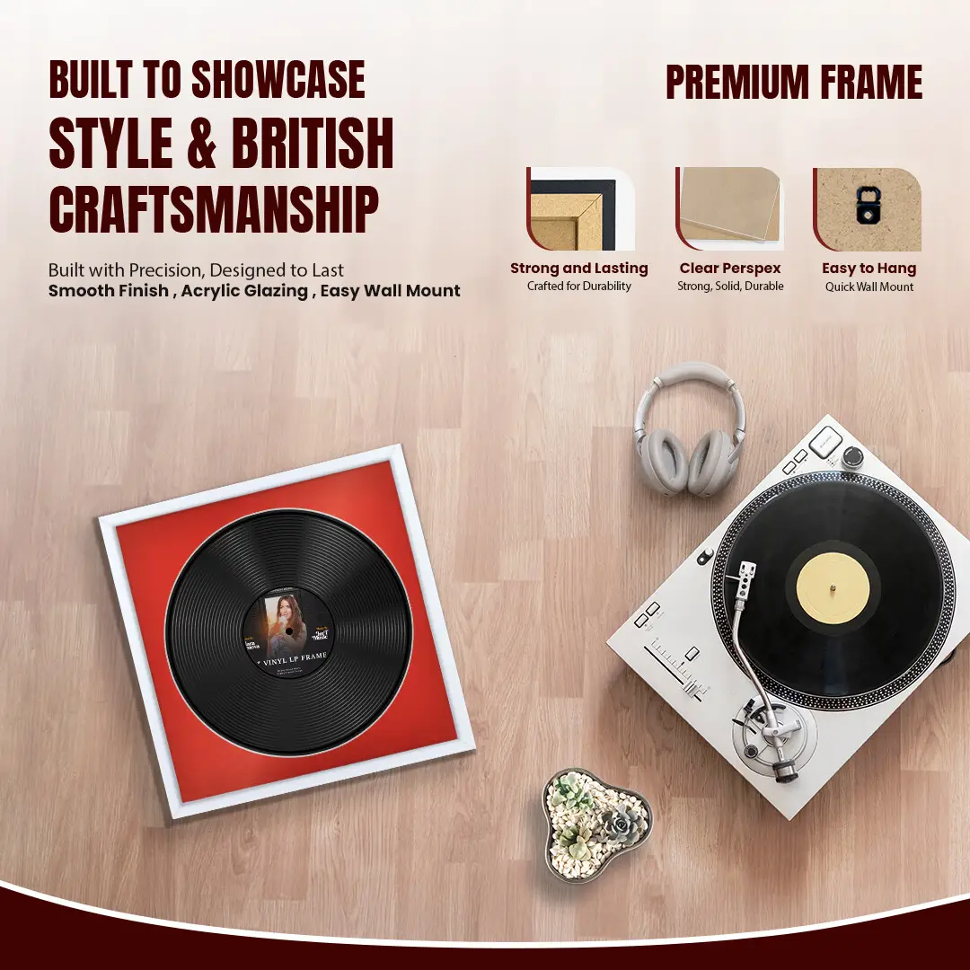 16x16" Modern Sleek White Vinyl Record Frame With Black Mount For 12" LP Discs | Premium Wall Frame For Music Enthusiasts thumbnail 2