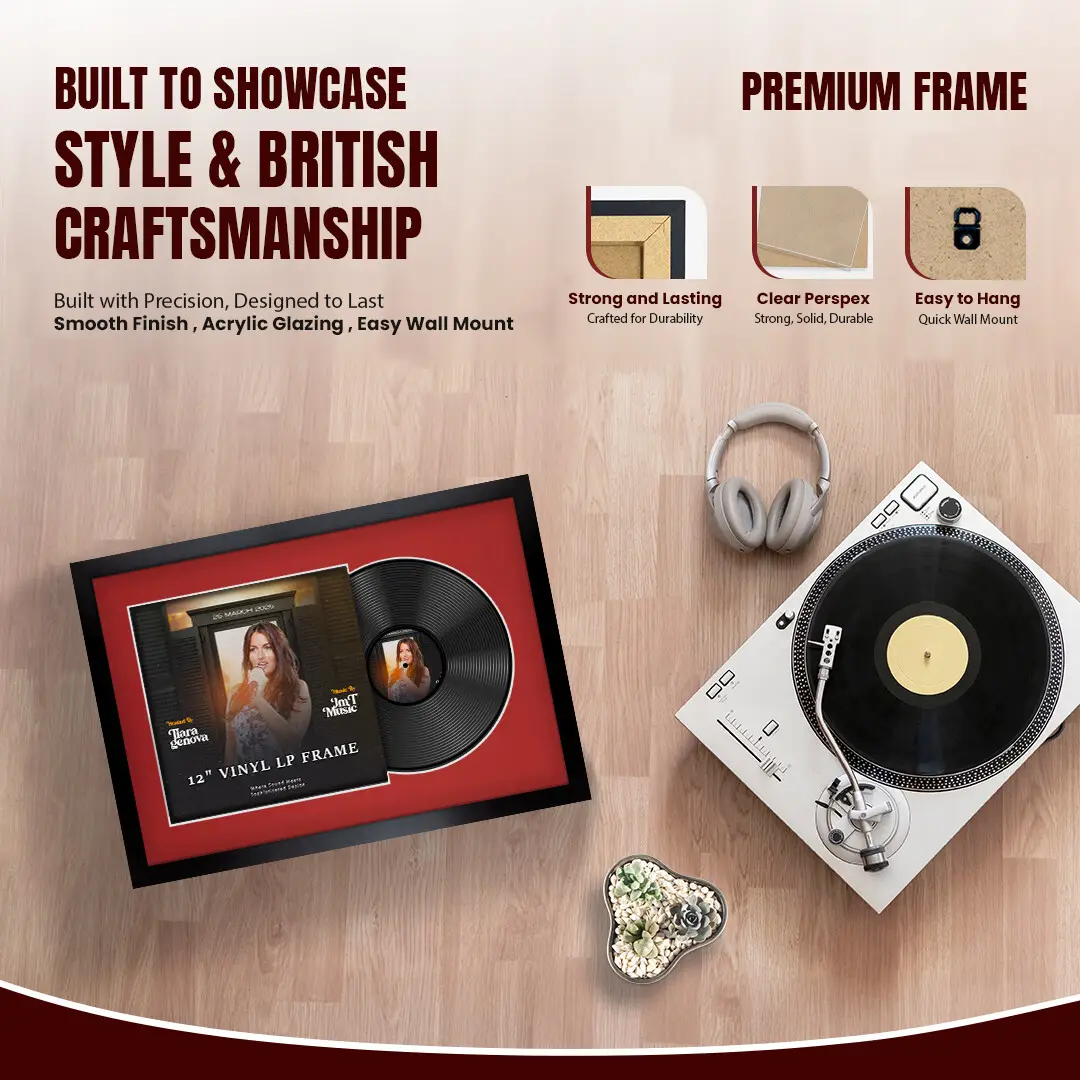 25x17" Modern Sleek Black Vinyl Record Frame For 12 Inch LP Cover & Disc (Overlapped) With Crimson Mount | Elegant Music Display thumbnail 2