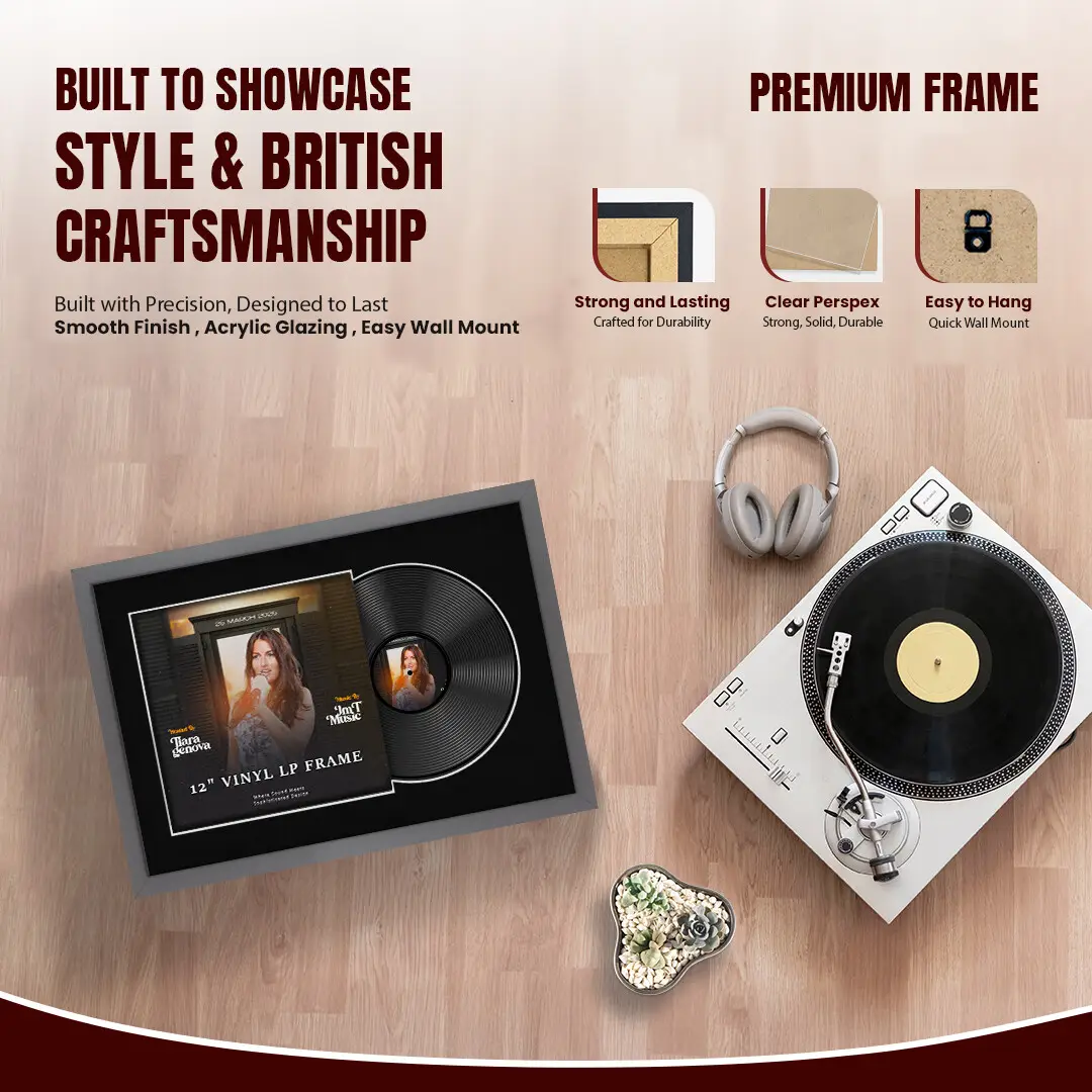 25x17" Modern Sleek Dark Grey Vinyl Record Frame For 12 Inch LP Cover & Disc (Overlapped) With Black Mount | Elegant Music Display thumbnail 2