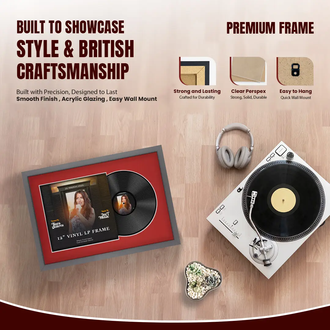 25x17" Modern Sleek Dark Grey Vinyl Record Frame For 12 Inch LP Cover & Disc With Crimson Mount | Overlapped Vinyl Display thumbnail 2