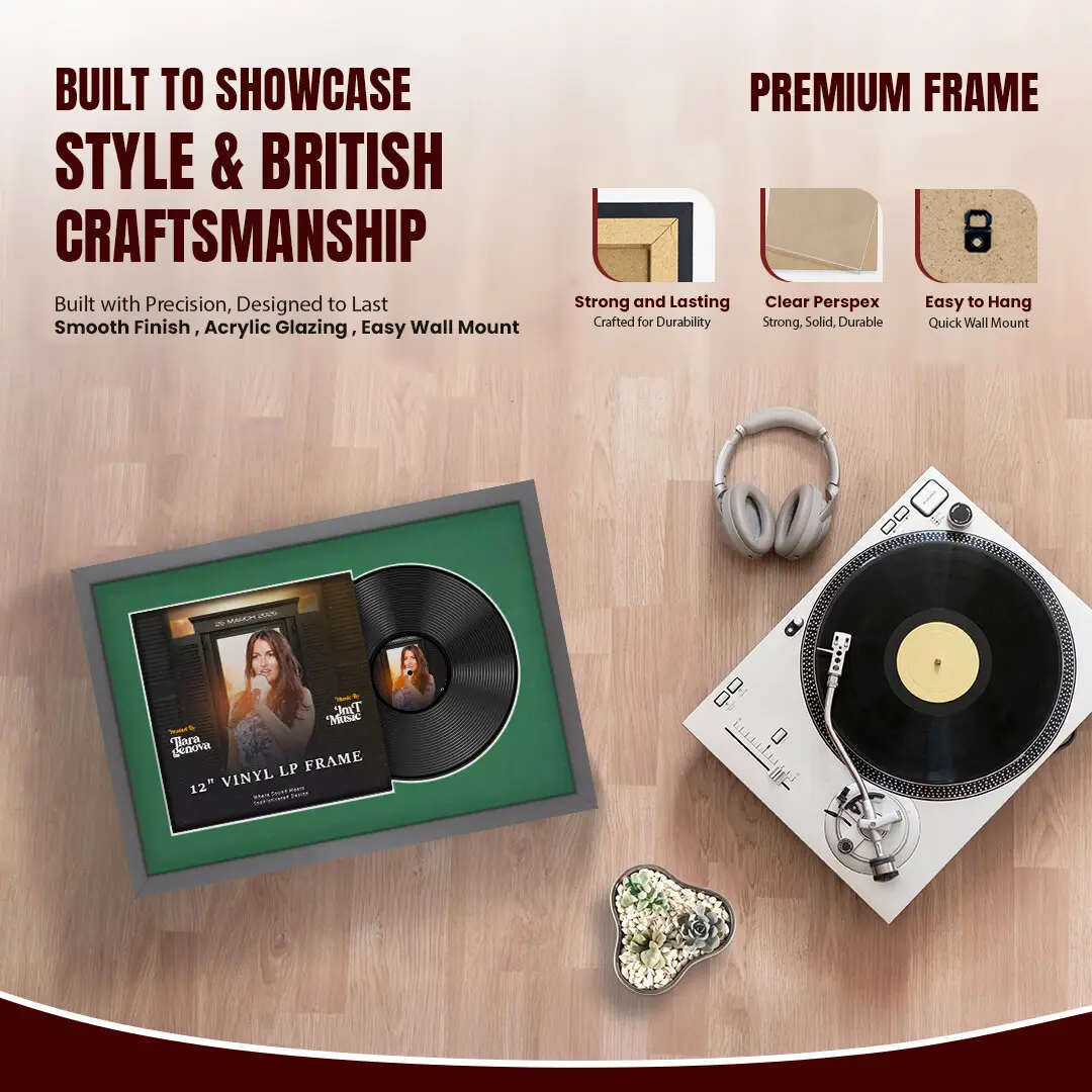 25x17" Modern Sleek Dark Grey Vinyl Record Frame For LP Cover & Disc With Emerald (Green) Mount | Overlapped Display thumbnail 2