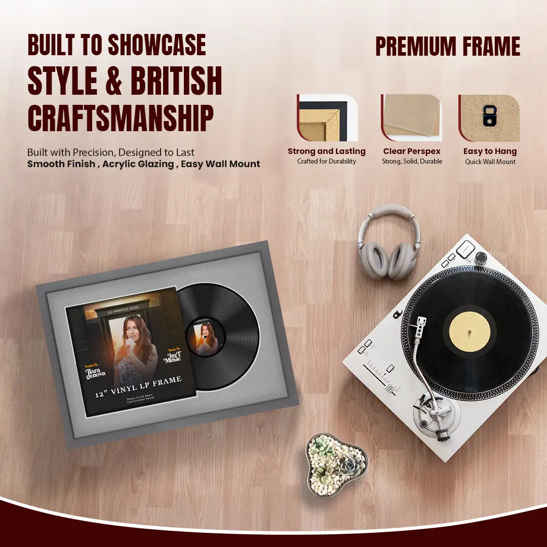 25x17" Modern Sleek Dark Grey Vinyl Record Frame For 12 Inch LP Cover & Disc With Silver Mount | Overlapped Vinyl Display thumbnail 2