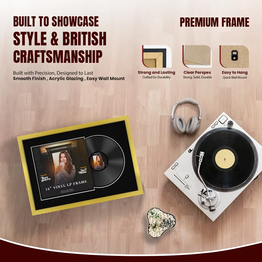 25x17" Modern Sleek Gold Vinyl Record Frame For LP Cover & Disc With Black Mount | Overlapped Display thumbnail 2