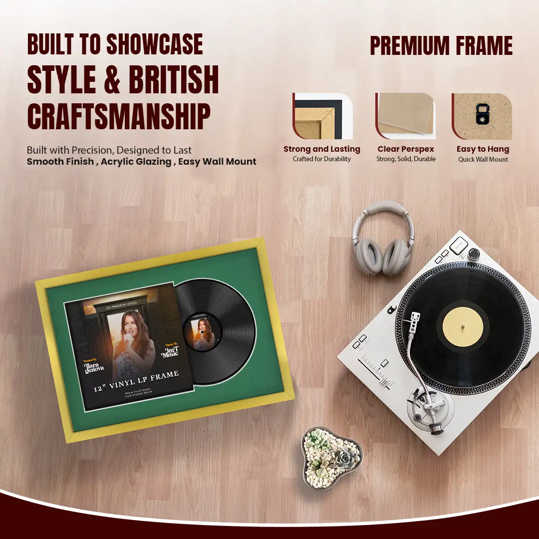 25x17" Modern Sleek Gold Vinyl Record Frame For LP Cover & Disc With Emerald (Green) Mount | Overlapped Display thumbnail 2