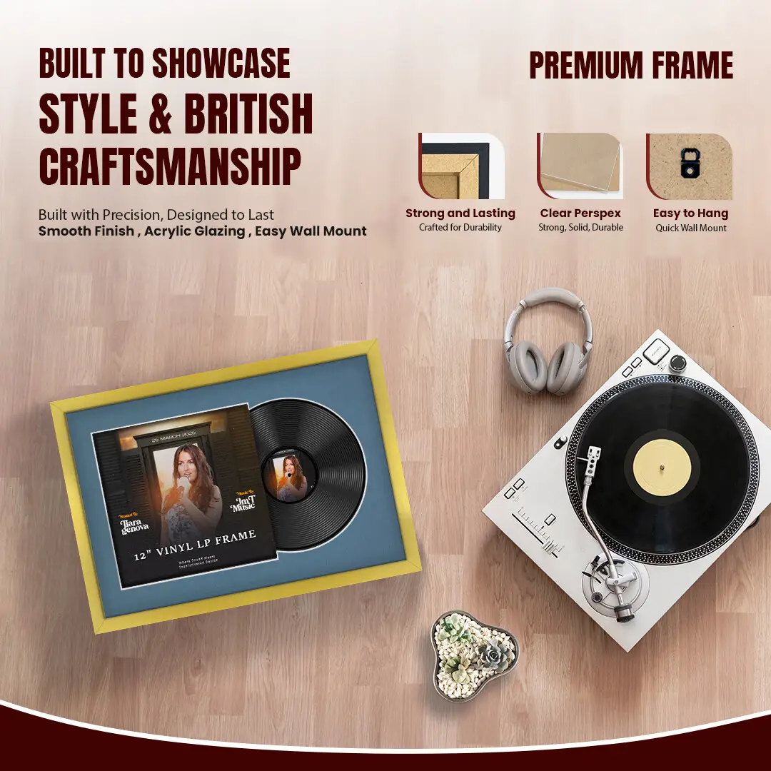 25x17" Modern Sleek Gold Vinyl Record Frame For 12 Inch LP Cover & Disc (Overlapped) With Pompador Mount | Elegant Music Display thumbnail 2