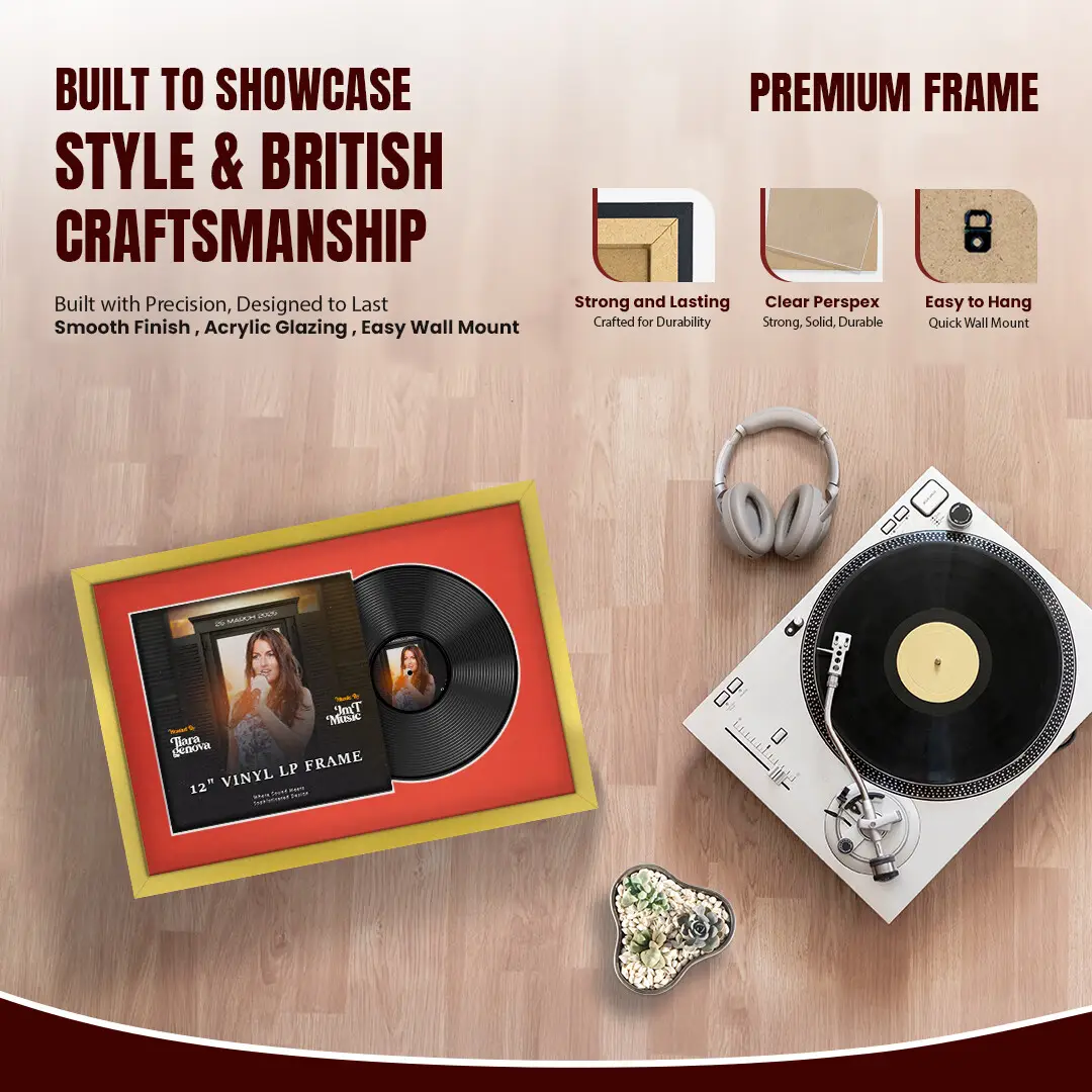 25x17" Modern Sleek Gold Vinyl Record Frame For LP Cover & Disc With Poppy Red Mount | Overlapped Display thumbnail 2