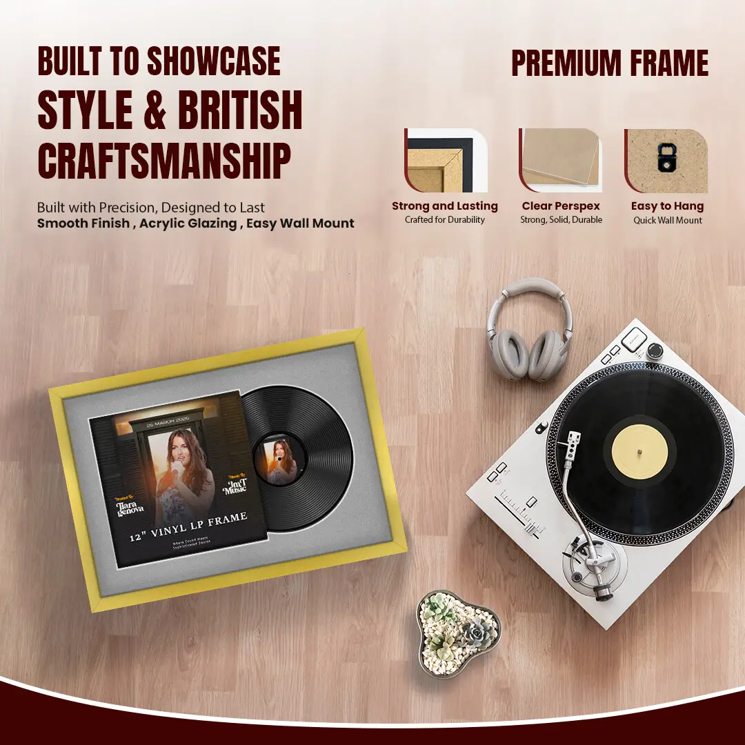 25x17" Modern Sleek Gold Vinyl Record Frame For 12 Inch LP Cover & Disc With Black Mount | Overlapped Vinyl Display thumbnail 2