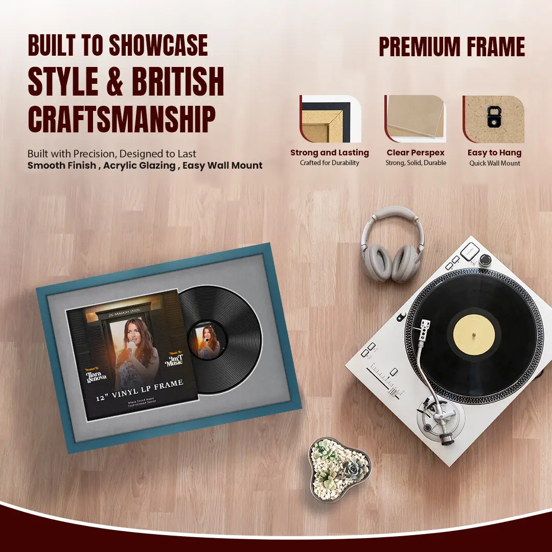 25x17" Modern Sleek Navy Blue Vinyl Record Frame For 12 Inch LP Cover & Disc (Overlapped) With Mid Grey Mount | Elegant Music Display thumbnail 2