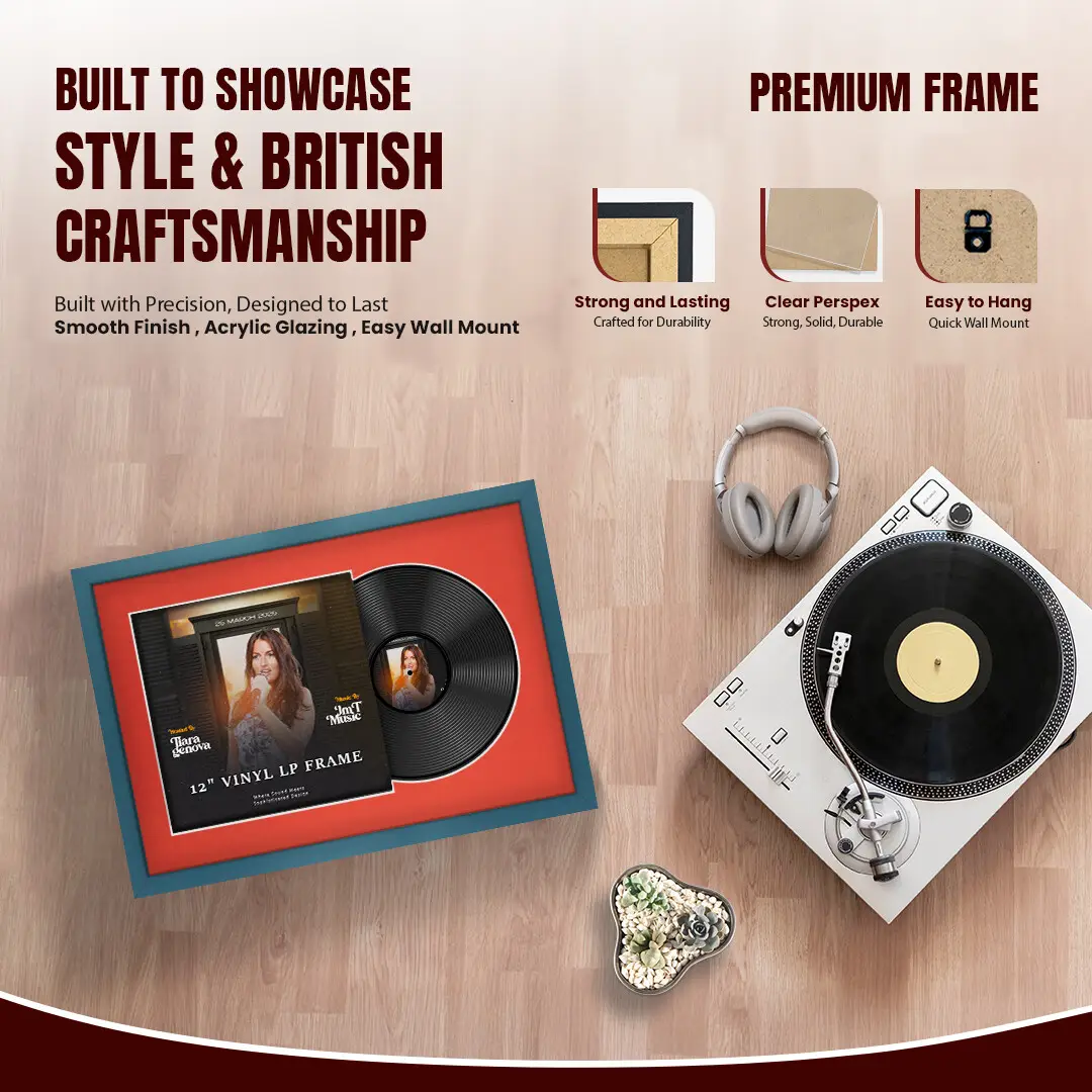 25x17" Modern Sleek Navy Blue Vinyl Record Frame For LP Cover & Disc With Poppy Red Mount | Overlapped Display thumbnail 2