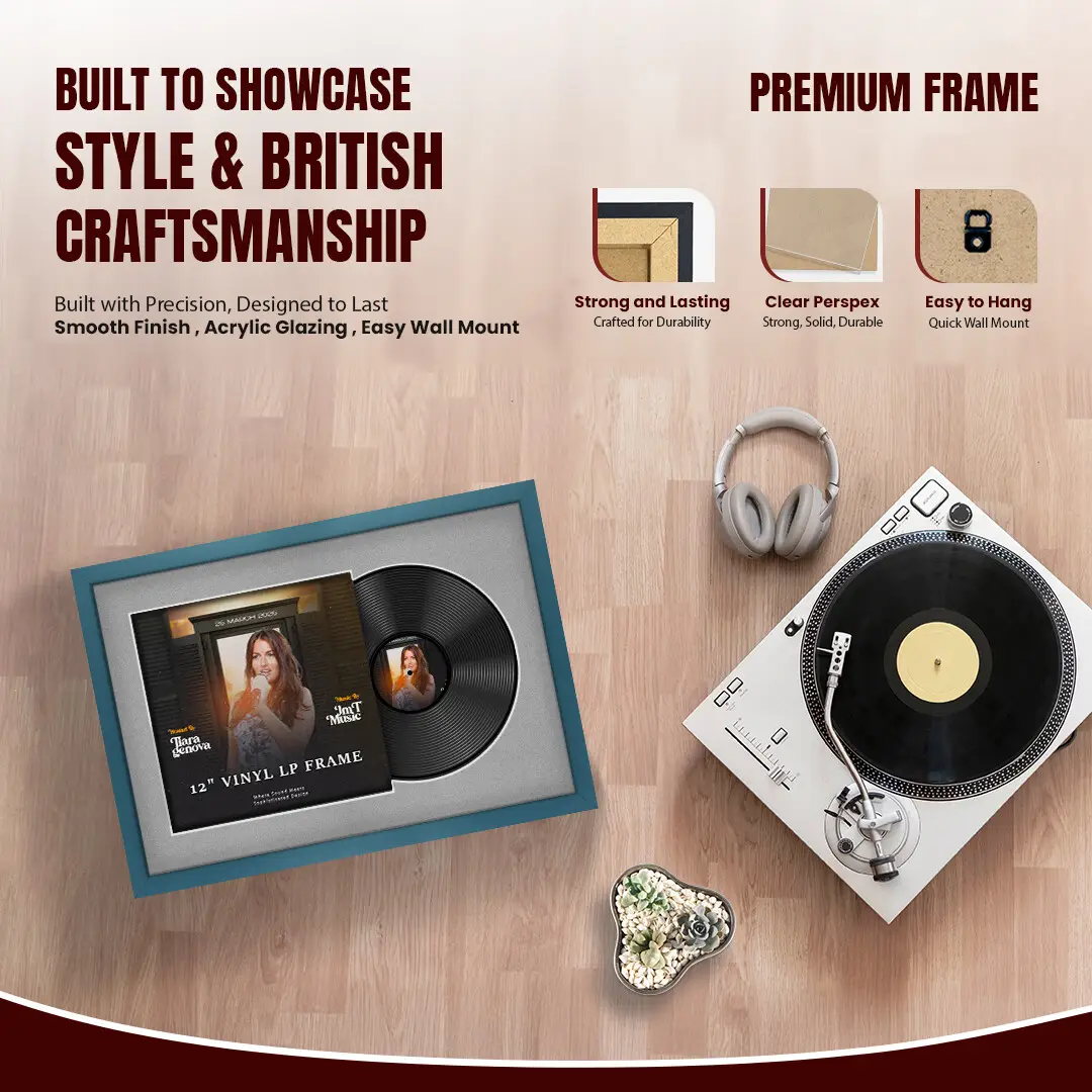 25x17" Modern Sleek Navy Blue Vinyl Record Frame For 12 Inch LP Cover & Disc With Silver Mount | Overlapped Vinyl Display thumbnail 2