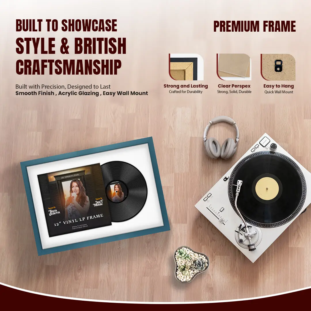 25x17" Modern Sleek Navy Blue Vinyl Record Frame For LP Cover & Disc With Ice White Mount | Overlapped Display thumbnail 2