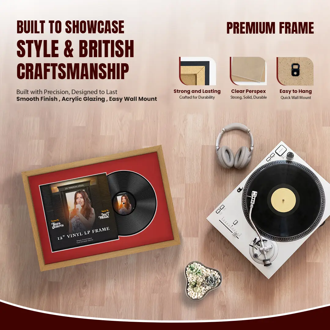 25x17" Modern Sleek Oak Vinyl Record Frame For 12 Inch LP Cover & Disc With Crimson Mount | Overlapped Vinyl Display thumbnail 2