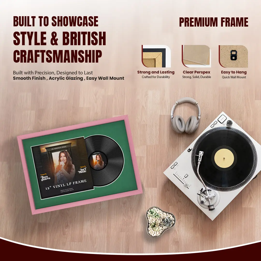 25x17" Modern Sleek Pastel Pink Vinyl Record Frame For 12 Inch LP Cover & Disc With Emerald (Green) Mount | Overlapped Vinyl Display thumbnail 2