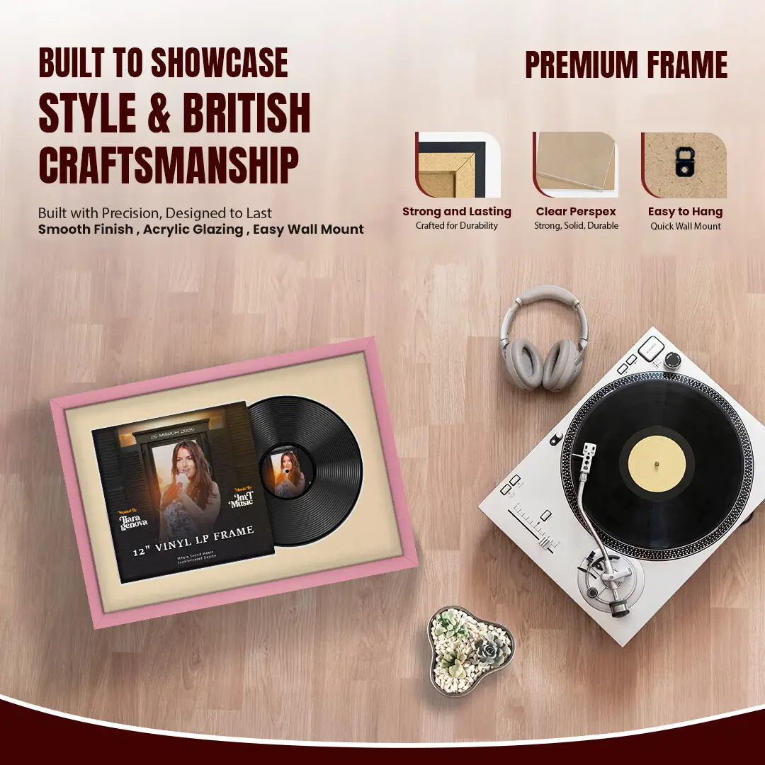 25x17" Modern Sleek Pastel Pink Vinyl Record Frame For 12 Inch LP Cover & Disc With Ivory Mount | Overlapped Vinyl Display thumbnail 2