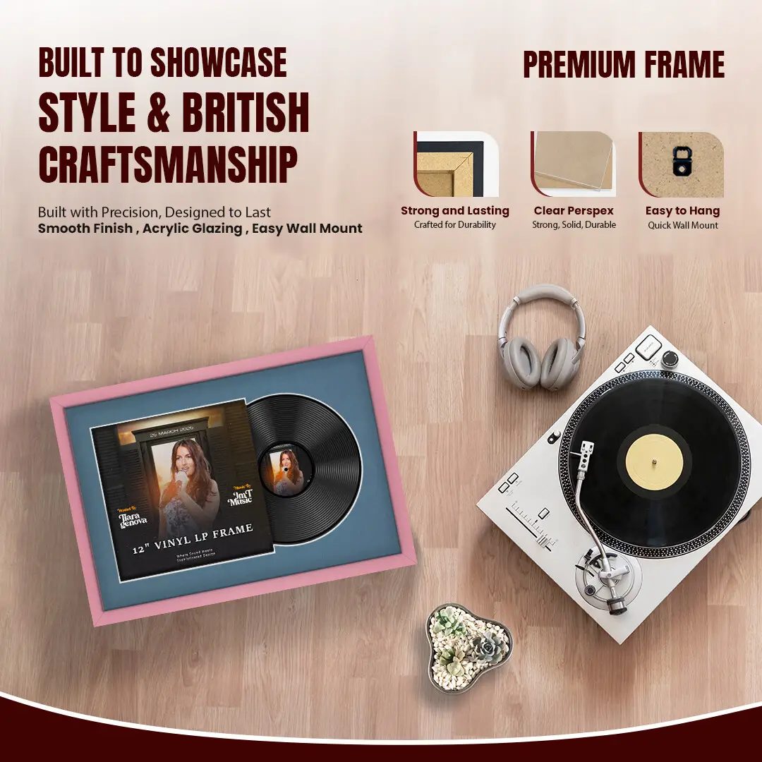 25x17" Modern Sleek Pastel Pink Vinyl Record Frame For 12 Inch LP Cover & Disc (Overlapped) With Pompador Mount | Elegant Music Display thumbnail 2