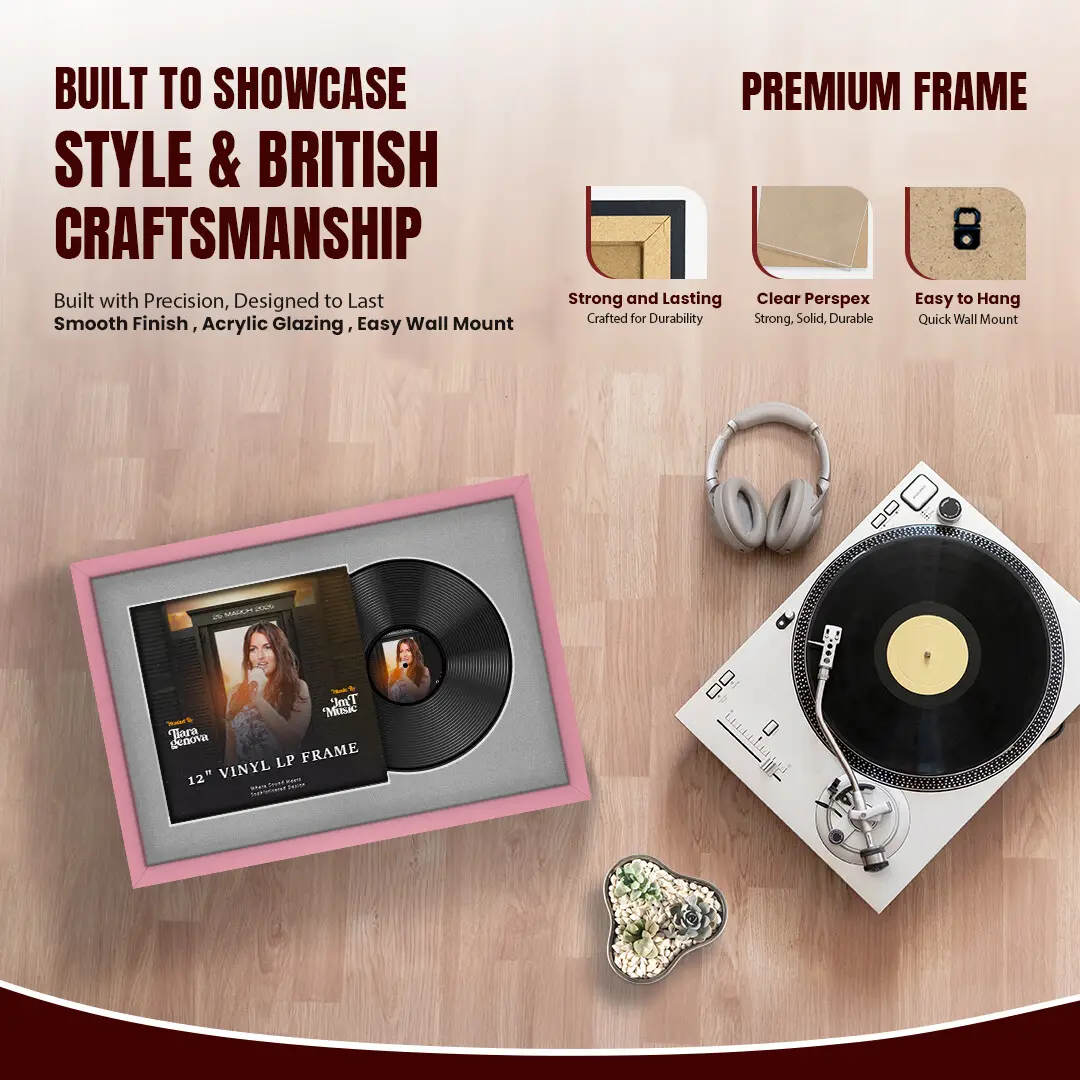 25x17" Modern Sleek Pastel Pink Vinyl Record Frame For 12 Inch LP Cover & Disc With Silver Mount | Overlapped Vinyl Display thumbnail 2