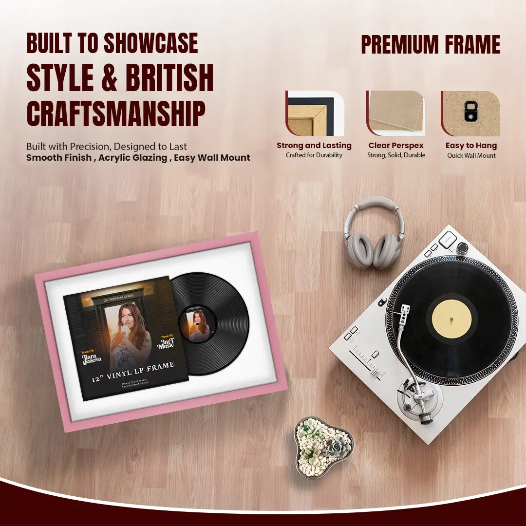 25x17" Modern Sleek Pastel Pink Vinyl Record Frame For LP Cover & Disc With Ice White Mount | Overlapped Display thumbnail 2