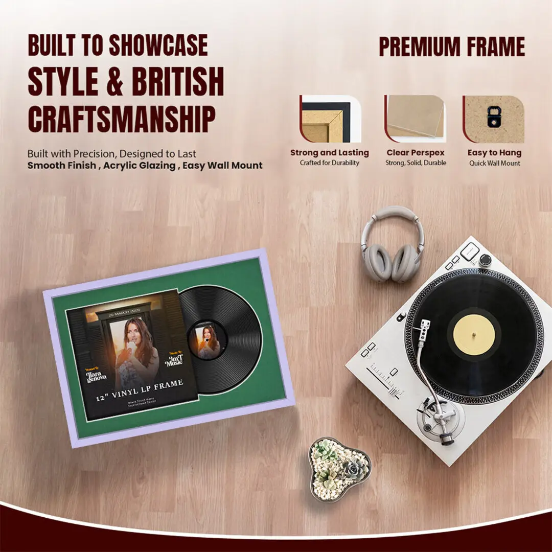 25x17" Modern Sleek Purple Vinyl Record Frame For 12 Inch LP Cover & Disc (Overlapped) With Emerald (Green) Mount | Elegant Music Display thumbnail 2