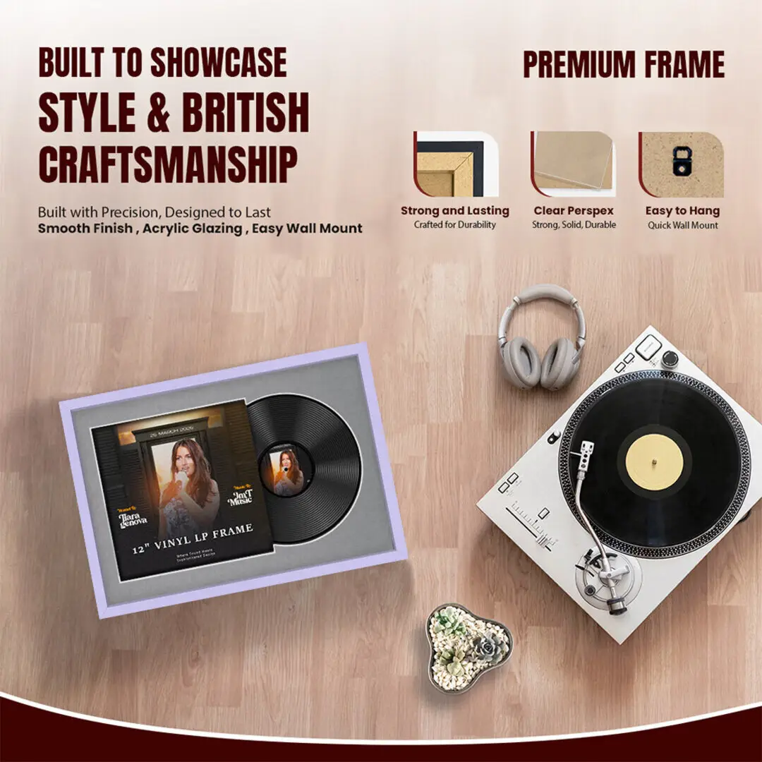 25x17" Modern Sleek Purple Vinyl Record Frame For LP Cover & Disc With Mid Grey Mount | Overlapped Display thumbnail 2