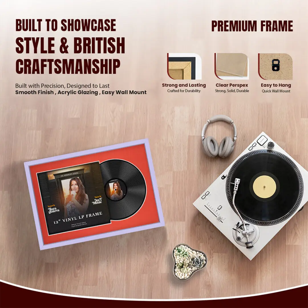 25x17" Modern Sleek Purple Vinyl Record Frame For LP Cover & Disc With Poppy Red Mount | Overlapped Display thumbnail 2