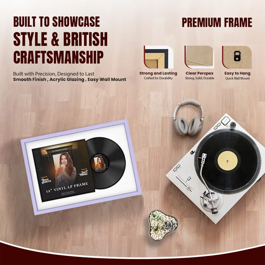 25x17" Modern Sleek Purple Vinyl Record Frame For LP Cover & Disc With Ice White Mount | Overlapped Display thumbnail 2