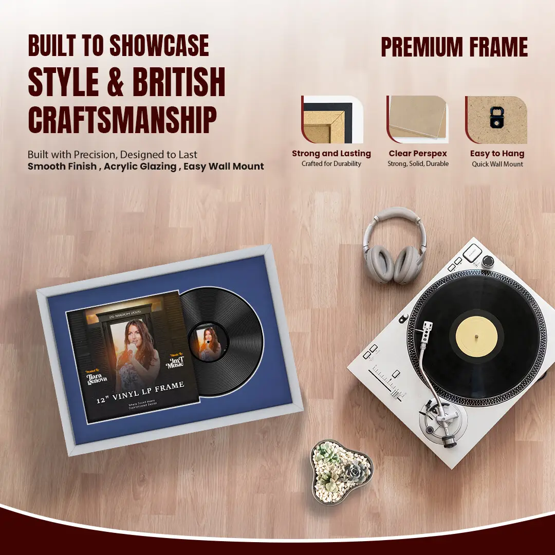 25x17" Modern Sleek Silver Vinyl Record Frame For 12 Inch LP Cover & Disc With Black Mount | Overlapped Vinyl Display thumbnail 2