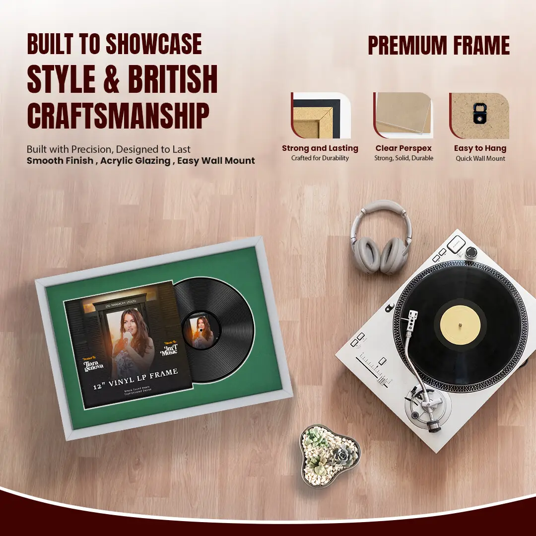 25x17" Modern Sleek Silver Vinyl Record Frame For 12 Inch LP Cover & Disc With Emerald (Green) Mount | Overlapped Vinyl Display thumbnail 2