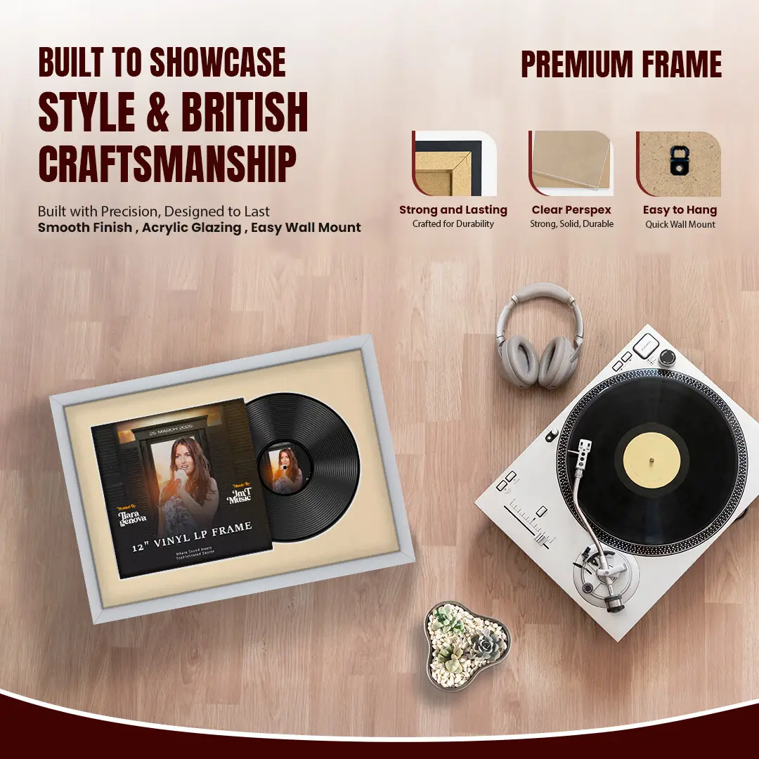 25x17" Modern Sleek Silver Vinyl Record Frame For LP Cover & Disc With Ivory Mount | Overlapped Display thumbnail 2