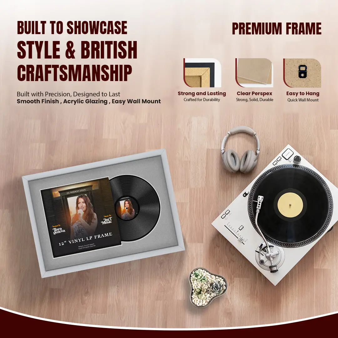 25x17" Modern Sleek Silver Vinyl Record Frame For 12 Inch LP Cover & Disc (Overlapped) With Silver Mount | Elegant Music Display thumbnail 2