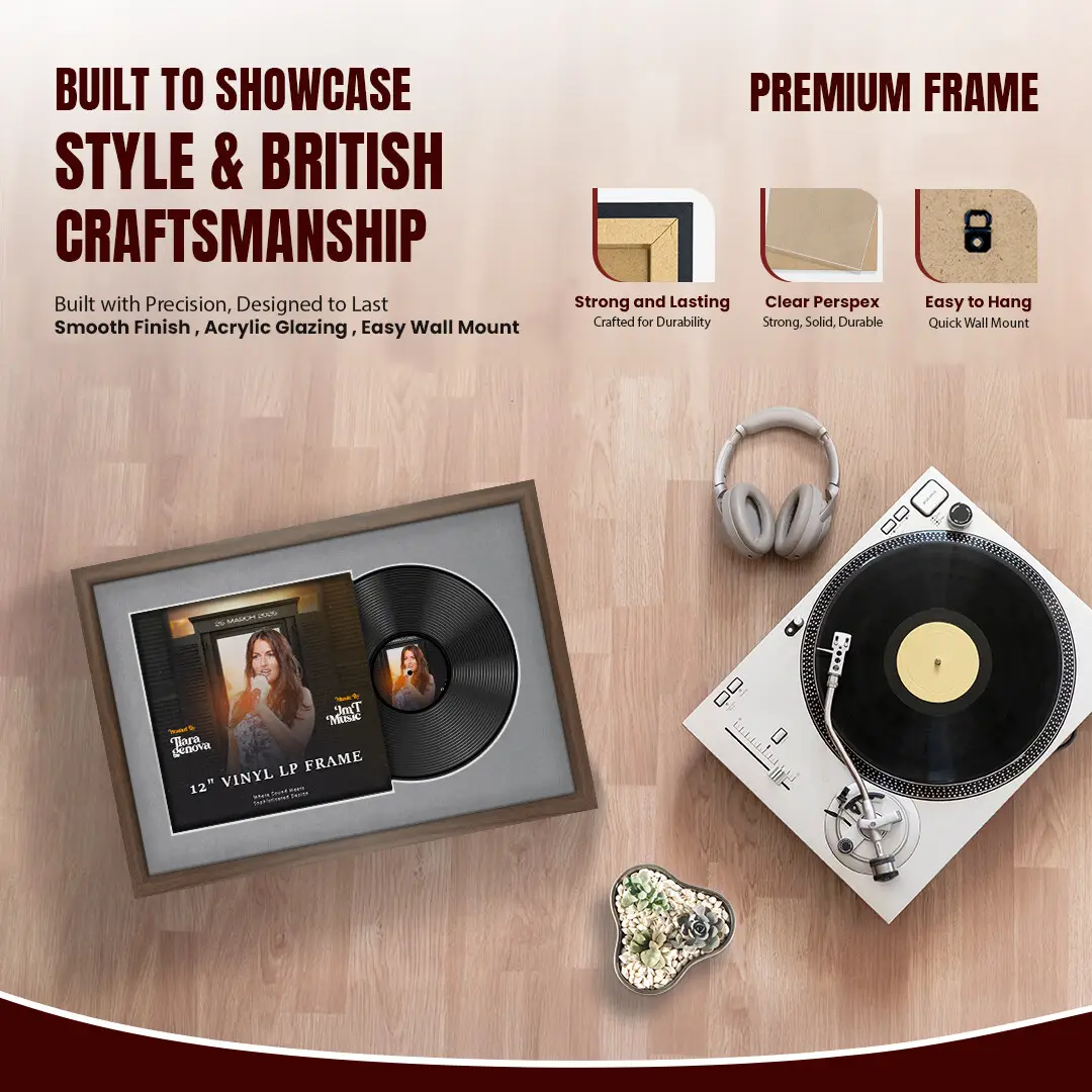25x17" Modern Sleek Walnut Vinyl Record Frame For LP Cover & Disc With Mid Grey Mount | Overlapped Display thumbnail 2