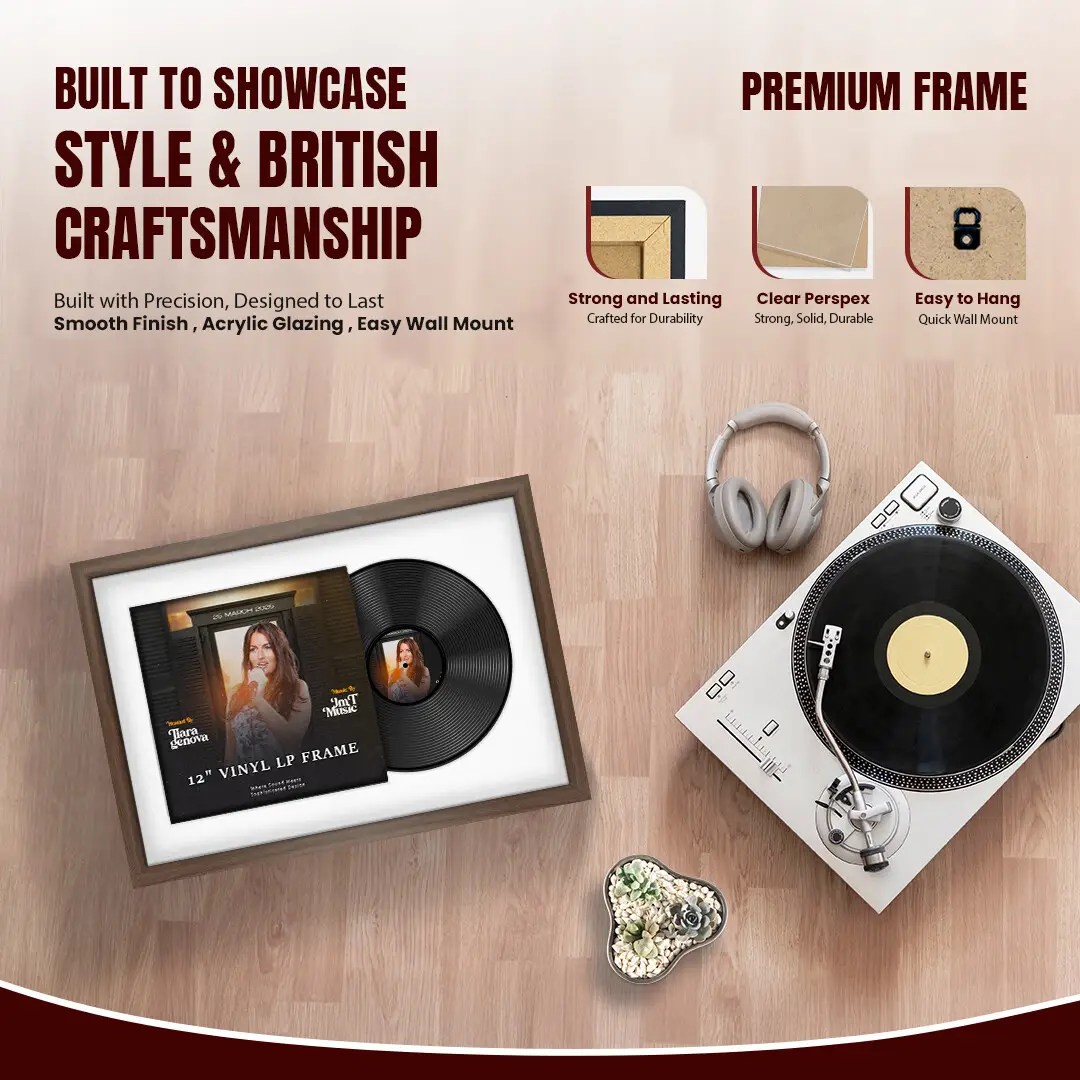 25x17" Modern Sleek Walnut Vinyl Record Frame For 12 Inch LP Cover & Disc (Overlapped) With Ice White Mount | Elegant Music Display thumbnail 2