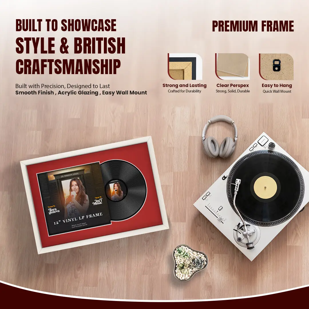 25x17" Modern Sleek White Vinyl Record Frame For LP Cover & Disc With Crimson Mount | Overlapped Display thumbnail 2