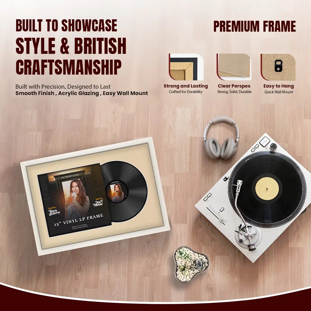 25x17" Modern Sleek White Vinyl Record Frame For LP Cover & Disc With Ivory Mount | Overlapped Display thumbnail 2