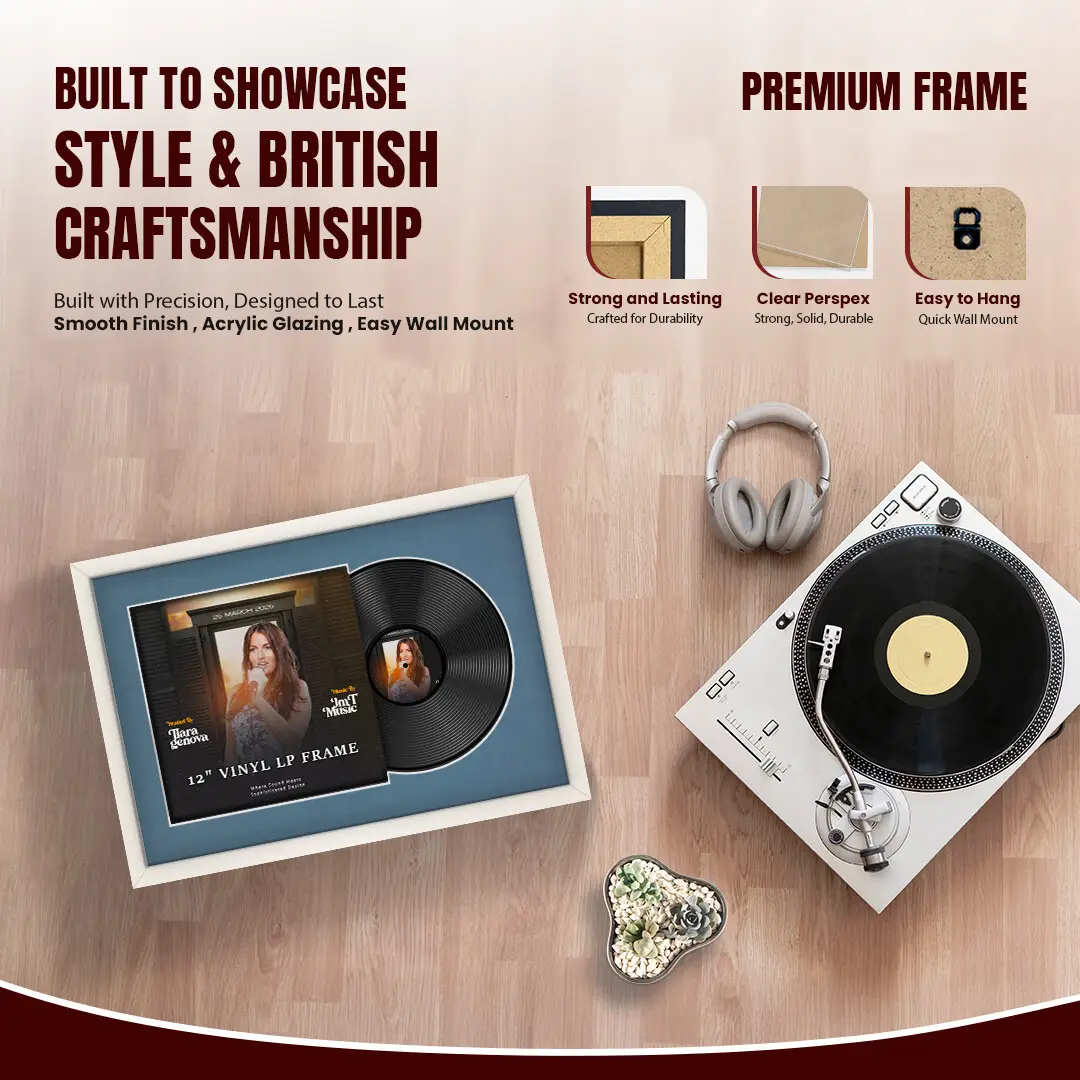 25x17" Modern Sleek White Vinyl Record Frame For 12 Inch LP Cover & Disc With Black Mount | Overlapped Vinyl Display thumbnail 2