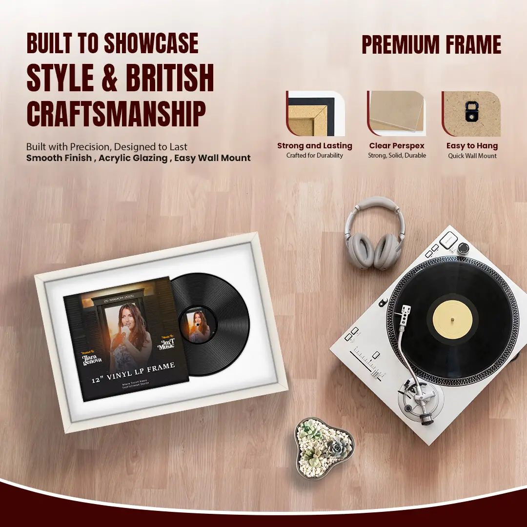 25x17" Modern Sleek White Vinyl Record Frame For 12 Inch LP Cover & Disc With Ice White Mount | Overlapped Vinyl Display thumbnail 2