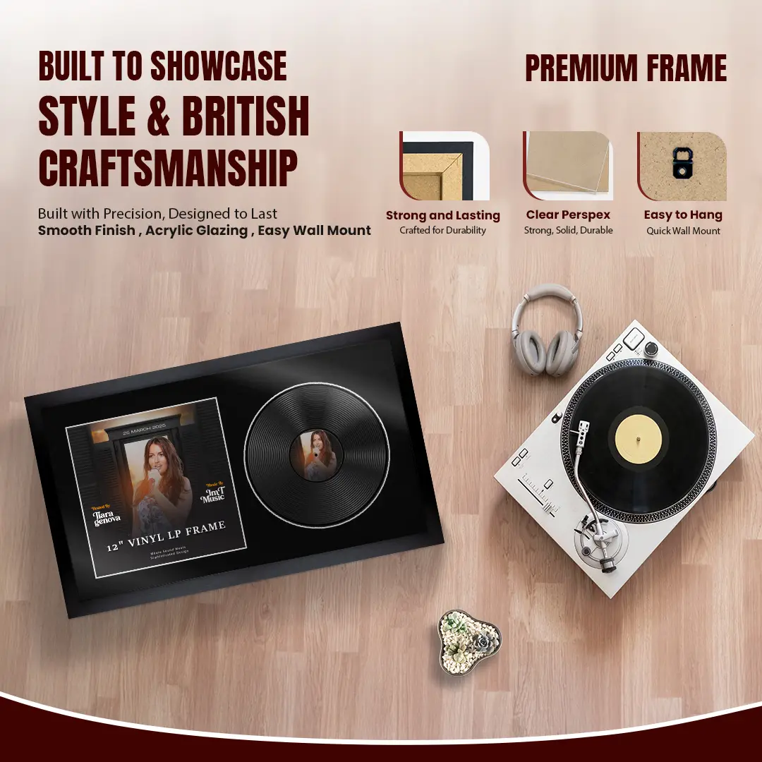 30x17" Modern Sleek Black Vinyl Record Frame With Black Mount | Displays 12" LP Cover & Disc Side by Side thumbnail 2