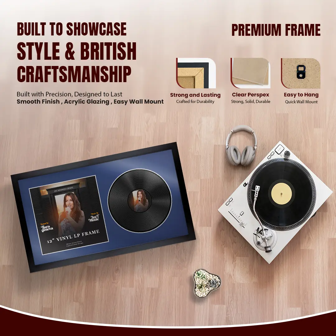 30x17" Modern Sleek Black Vinyl Record Frame With Blue Mount | Displays 12" LP Cover & Disc Side by Side thumbnail 2