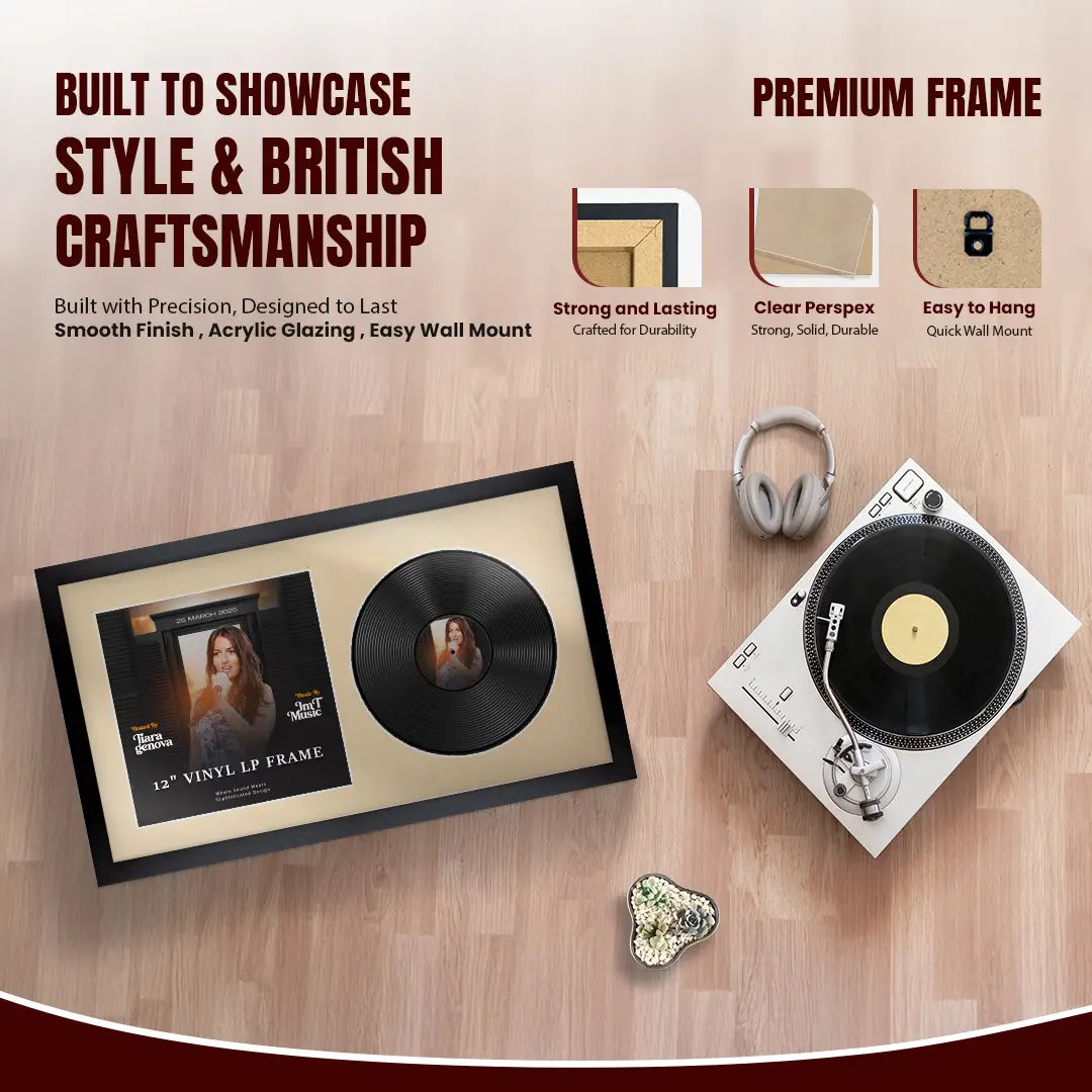 30x17" Modern Sleek Black Vinyl Record Frame With Ivory Mount | Side by Side 12" LP Cover & Disc Display thumbnail 2