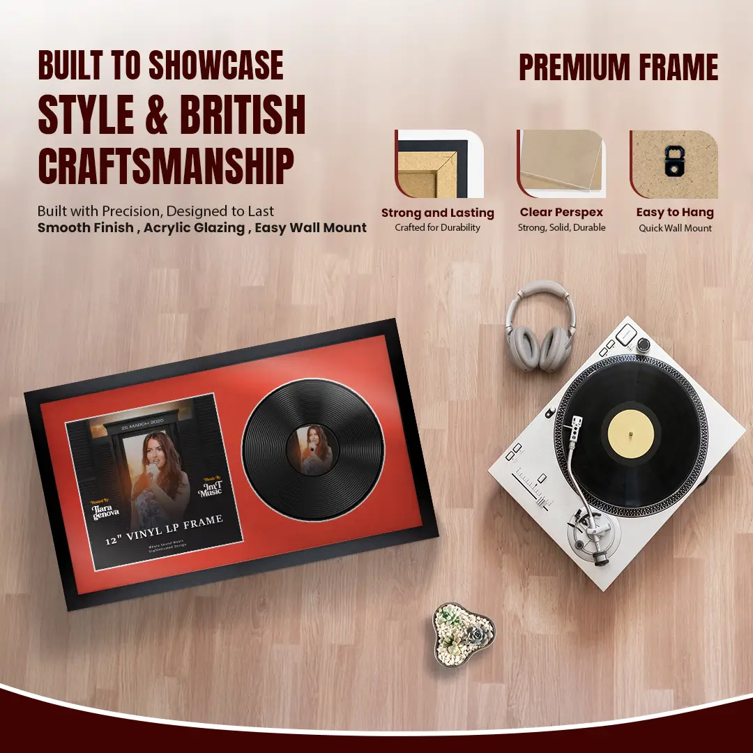 30x17" Modern Sleek Black Vinyl Record Frame With Poppy Red Mount | Side by Side 12" LP Cover & Disc Display thumbnail 2