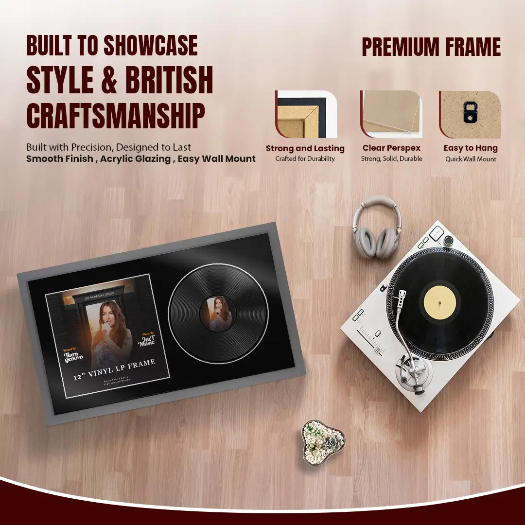 30x17" Modern Sleek Dark Grey Vinyl Record Frame With Silver Mount | For 12" LP Cover and Disc Side By Side Display thumbnail 2