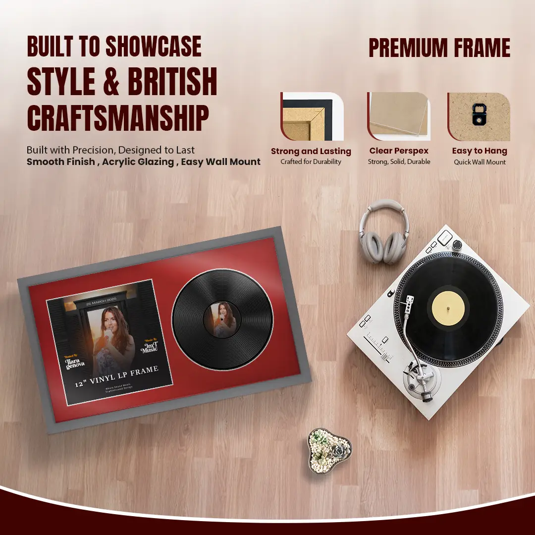 30x17" Modern Sleek Dark Grey Vinyl Record Frame With Crimson Mount | For 12" LP Cover and Disc Side By Side Display thumbnail 2