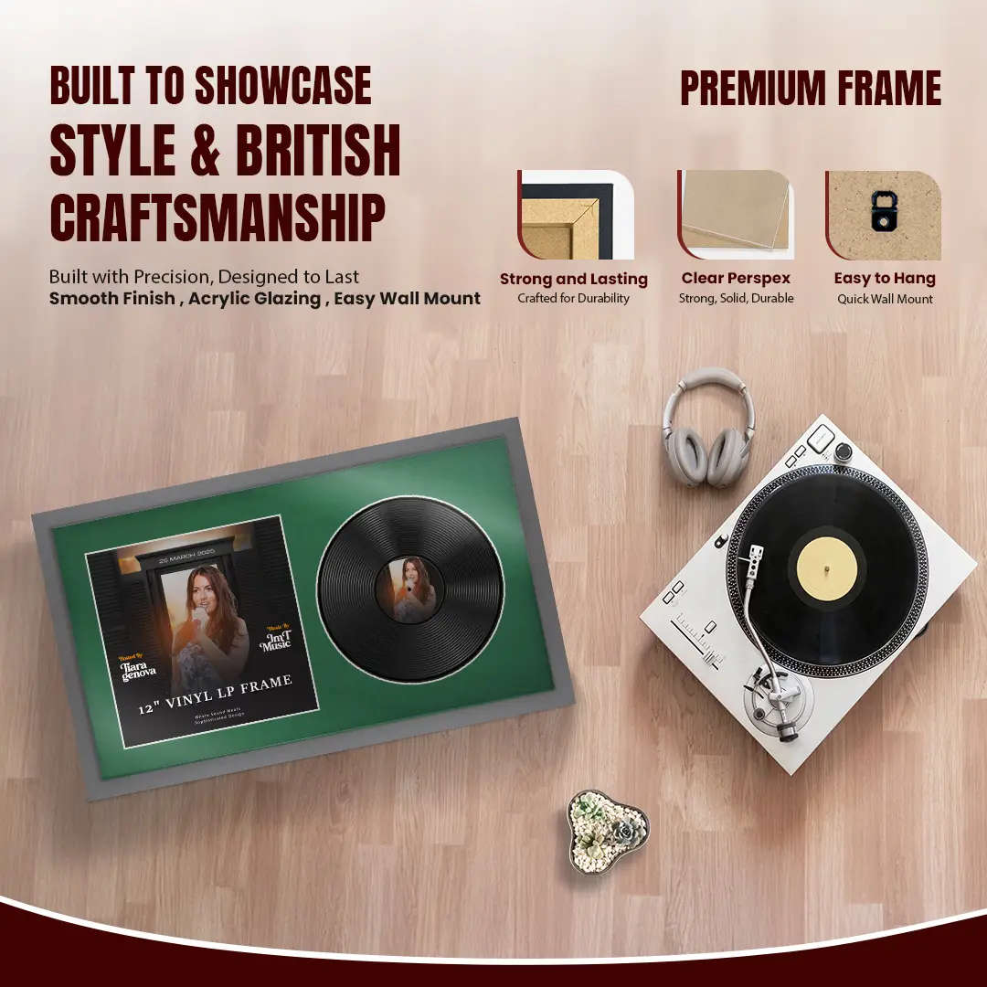 30x17" Modern Sleek Dark Grey Vinyl Record Frame With Emerald (Green) Mount | Displays 12" LP Cover & Disc Side by Side thumbnail 2