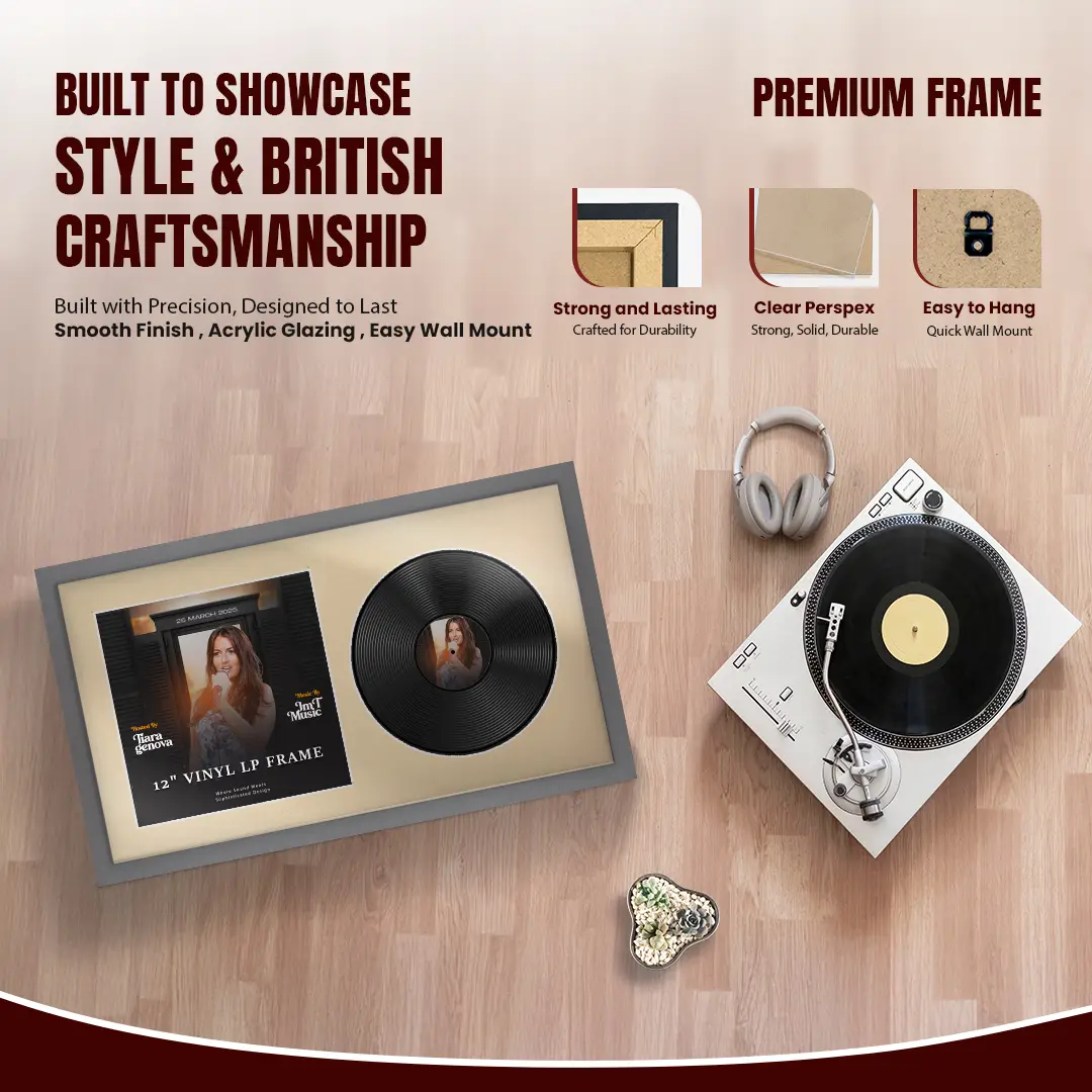 30x17" Modern Sleek Dark Grey Vinyl Record Frame With Ivory Mount | Side by Side 12" LP Cover & Disc Display thumbnail 2
