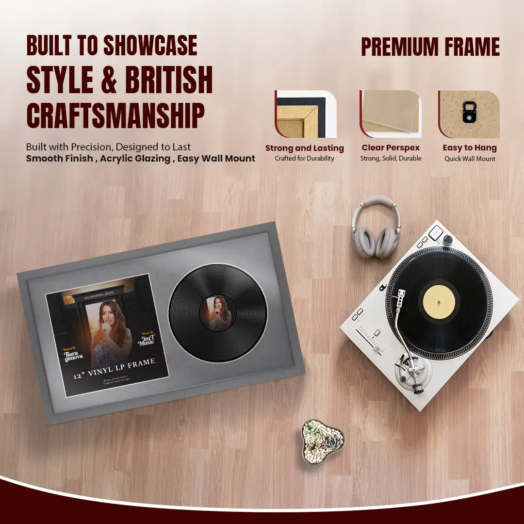 30x17" Modern Sleek Dark Grey Vinyl Record Frame With Mid Grey Mount | Displays 12" LP Cover & Disc Side by Side thumbnail 2