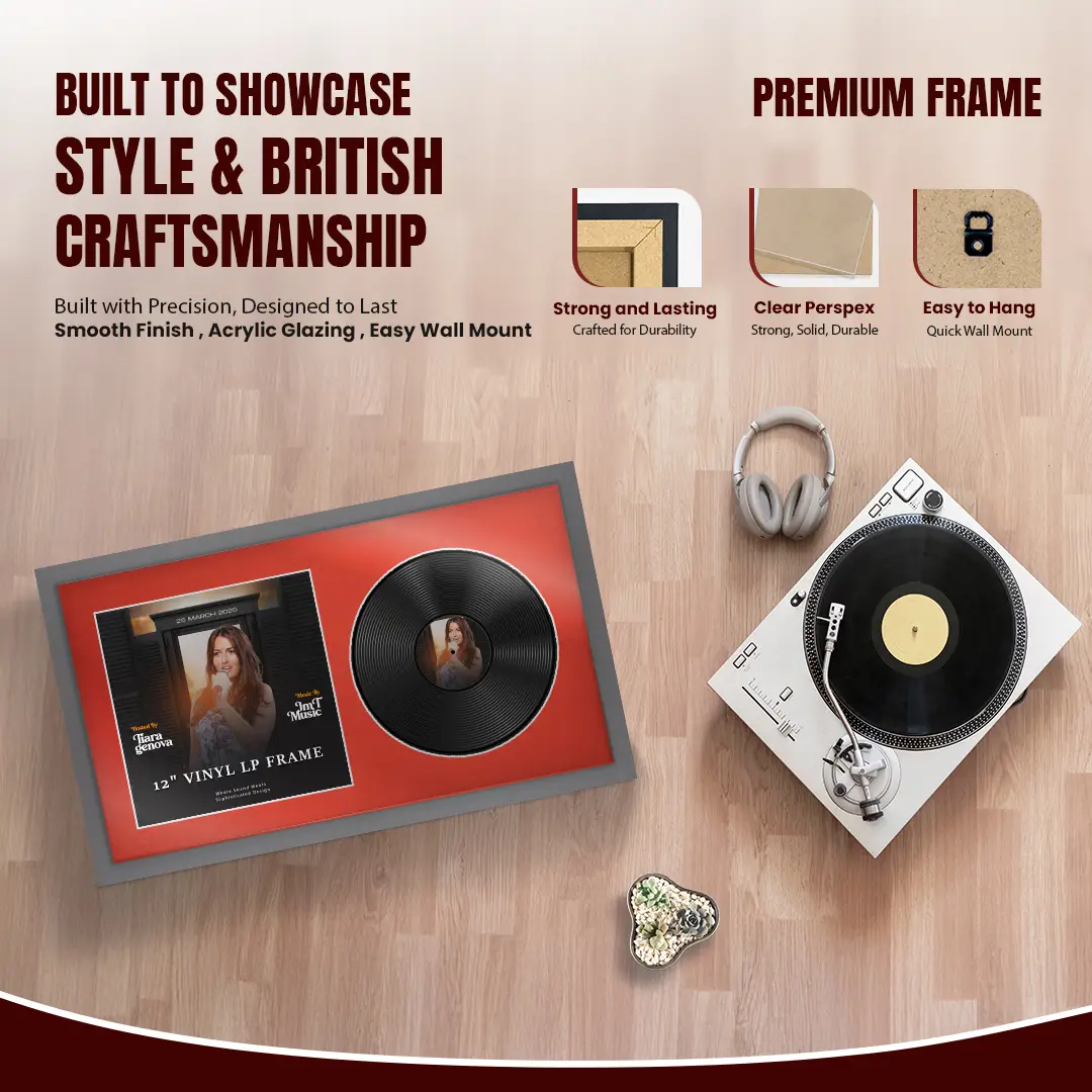 30x17" Modern Sleek Dark Grey Vinyl Record Frame With Poppy Red Mount | Displays 12" LP Cover & Disc Side by Side thumbnail 2