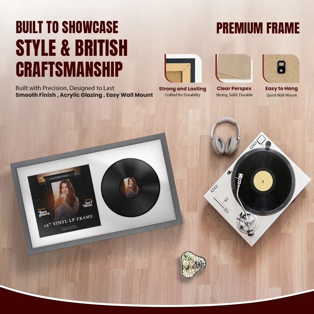 30x17" Modern Sleek Dark Grey Vinyl Record Frame With Ice White Mount | Side by Side 12" LP Cover & Disc Display thumbnail 2