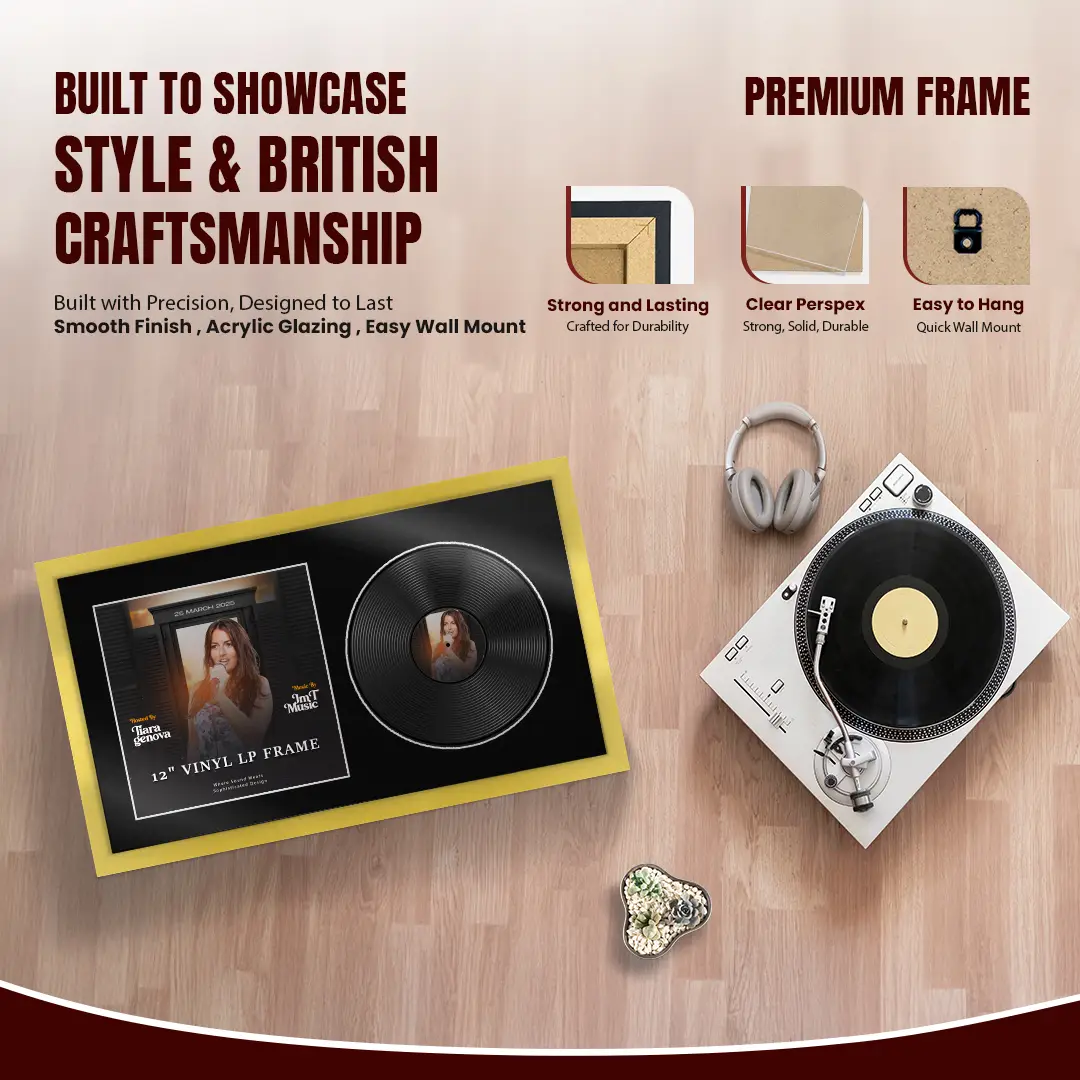 30x17" Modern Sleek Gold Vinyl Record Frame With Black Mount | Displays 12" LP Cover & Disc Side by Side thumbnail 2